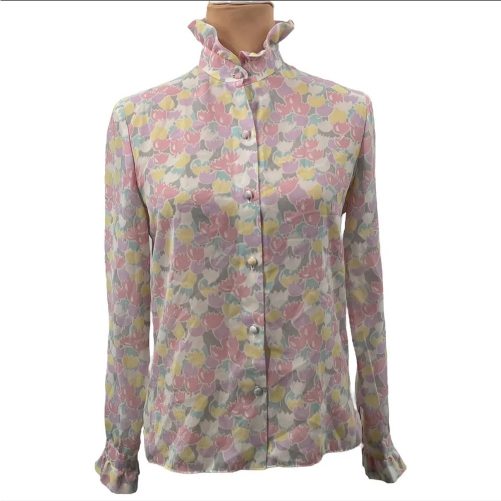 Vintage 80s Prophecy Tulip Ruffle Blouse Slightly Sheer Pastel Grey Size 6